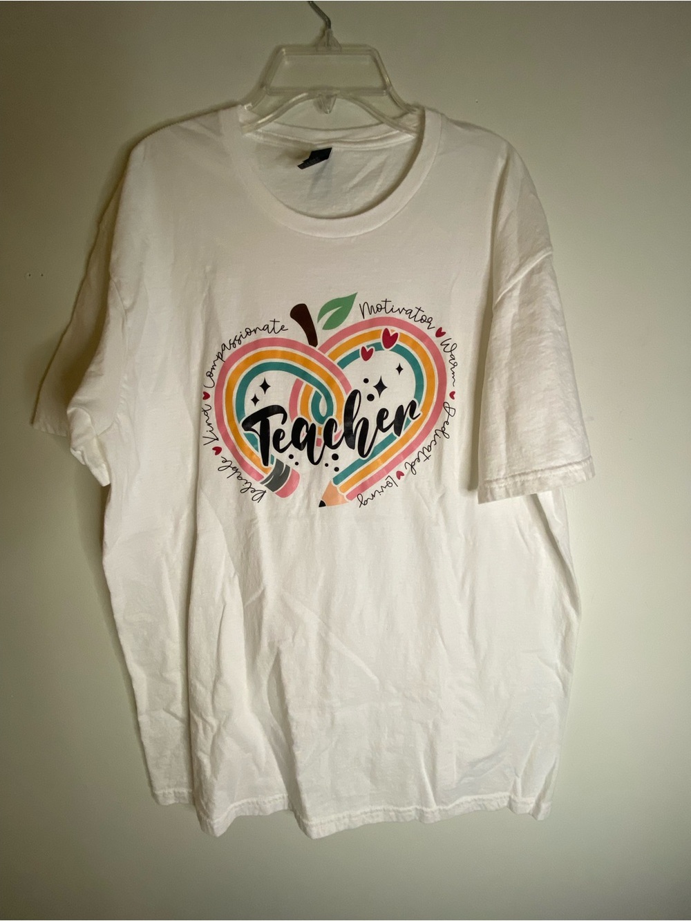 Gildan White Tee with Rainbow Apple Teacher Graphic